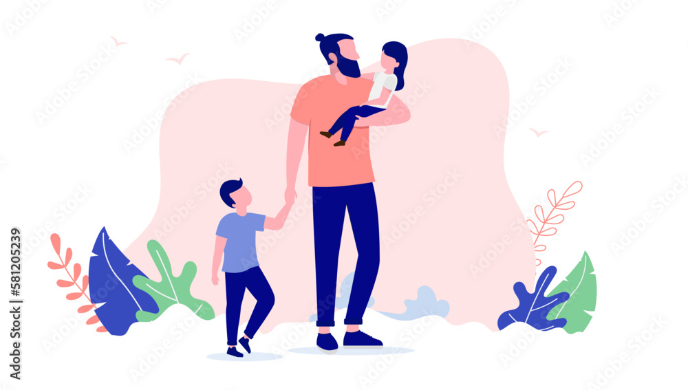 Father with two children - Dad standing outdoors with kids spending time together. Flat design vector illustration with white background and copy space for text Father with two children - Dad standing outdoors with kids spending time together. Flat design vector illustration with white background and copy space for text