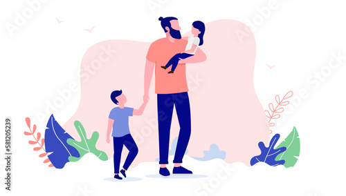 Father with two children - Dad standing outdoors with kids spending time together. Flat design vector illustration with white background and copy space for text