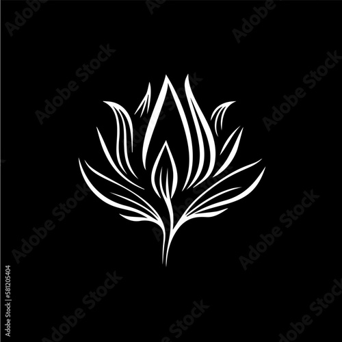 Minimalistic waterlily logo template, white icon of lotus petals flower silhouette on black background, yoga logotype concept, cosmetic emblem, tattoo. Vector illustration