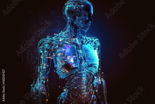 Robot or humanoid cyborg working with abstract tech hologram interface. Futuristic AI in industry 4. 0 develops industrial virtual drawings details