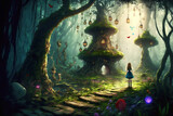 Alice in the wonderland forest, fairy lanterns, a passage in the hollow of a tree