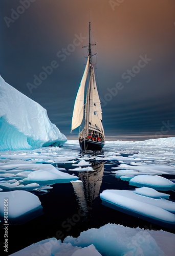 A yacht stranded in the Arctic ice. An ocean covered in ice. Generative AI Art. photo