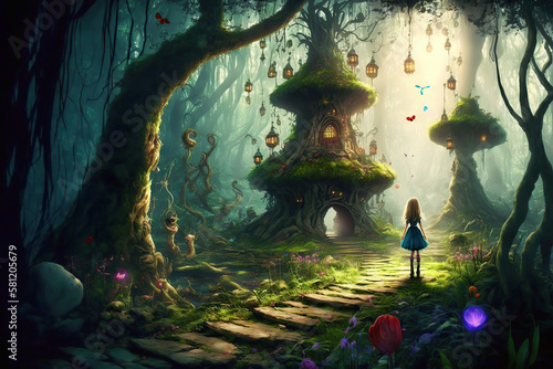 Alice in the wonderland forest, fairy lanterns, a passage in the hollow of a tree photo