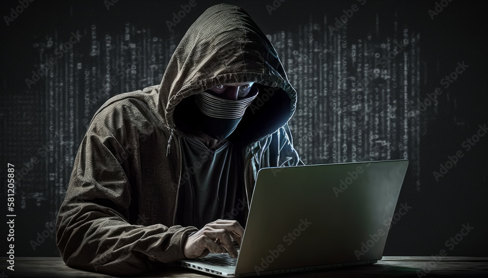 Hacker with laptop initiating cyber attack. Generative AI Hacker with laptop initiating cyber attack. Generative AI