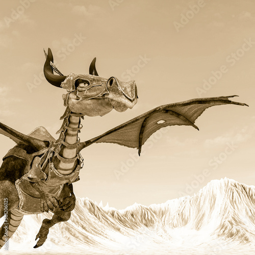 dragon cartoon with armor looking around on blue sky close up