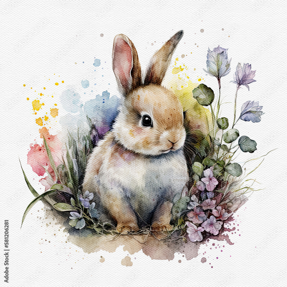 Watercolor cute bunny hold flower. Delicate spring illustration ...