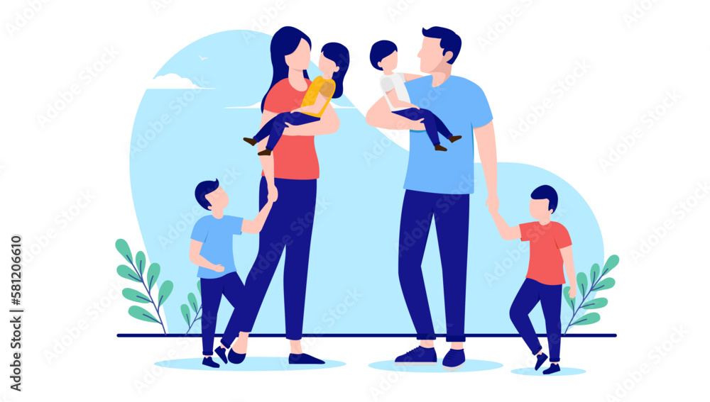 Big family with many children - Couple of parents with four kids, boy and girls, standing outdoors. Flat design vector illustration with white background