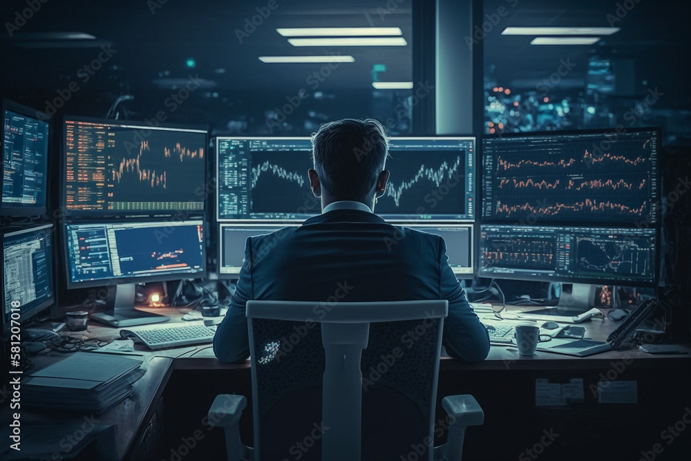 Trader doing analysis and trading behind multiple screens showing charts and statistics. Stock, crypto or forex financial market. - obrazy, fototapety, plakaty 