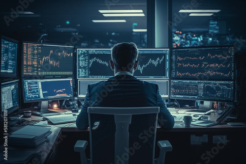 Trader doing analysis and trading behind multiple screens showing charts and statistics. Stock, crypto or forex financial market. photo