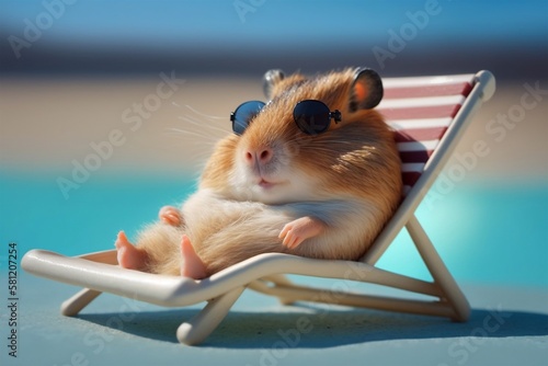 Fotografie, Obraz Cute hamster relaxing on a sun lounger near a pool. Generative ai