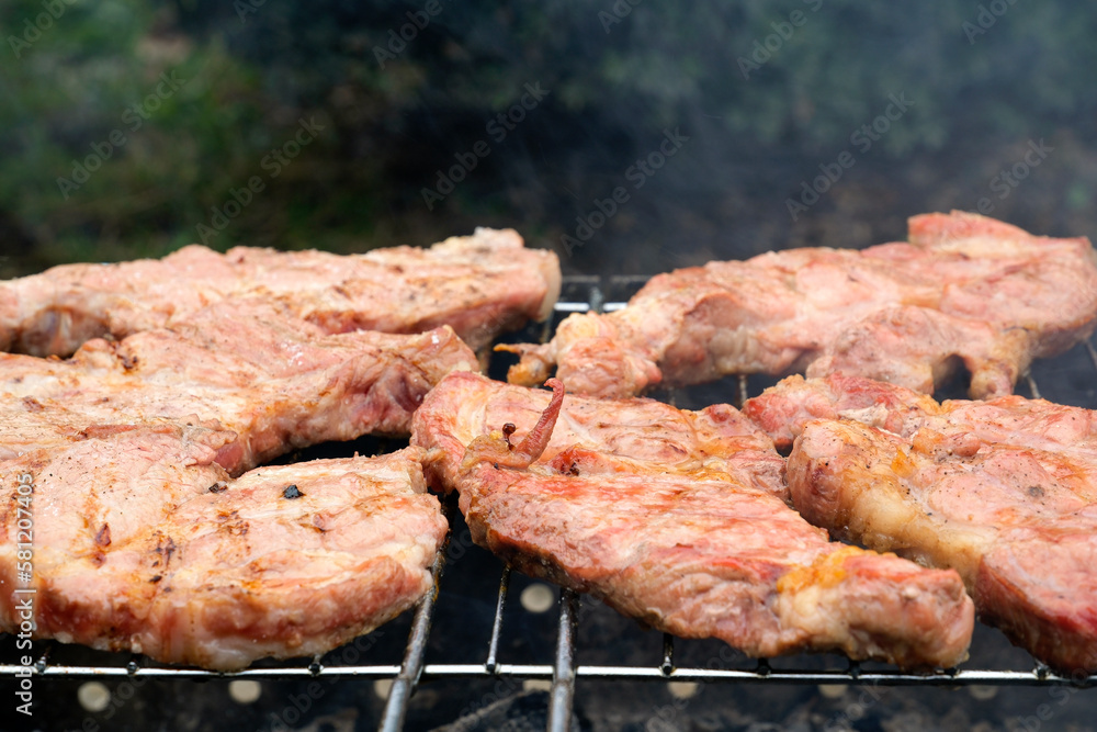 Meat shashlik, also known as shish kebab, is grilled on a charcoal grill. Slices of meat on steel skewers close-up. Delicious traditional Caucasian meat dish. High quality photo