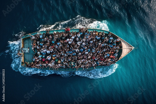 Obraz na płótnie A boat full of migrants in the middle of the ocean