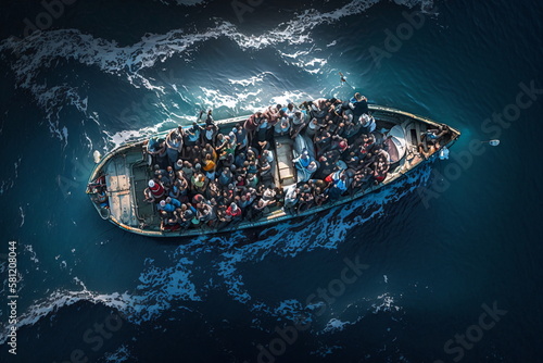 A boat full of migrants in the middle of the ocean