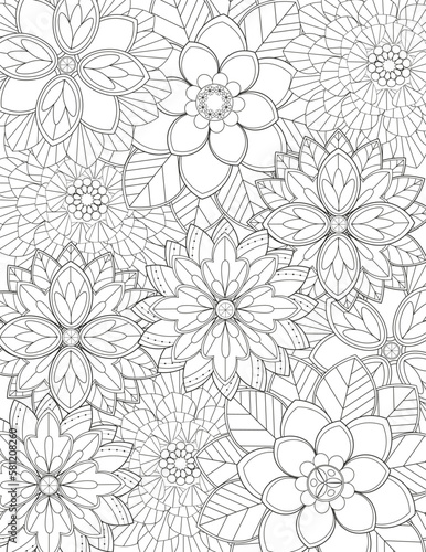  Coloring pages for children and adults.Blooming garden illustration hand drawing. 