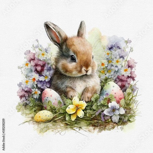 Watercolor cute Easter bunny with painted egg and flower. Delicate spring illustration. AI generated Image, digital art. Nursery decor, wall art, printable. AI generated Image, digital art. © Viktoriia Melkisheva