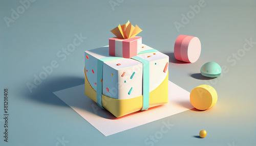 Birthday celebration gift shaped cake, candlelight. Generative AI illustration © Anna