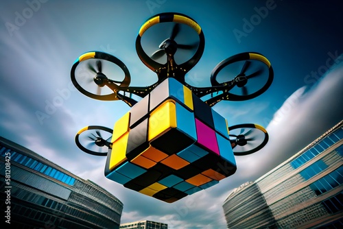 A quadcopter delivers a parcel. Close-up of a quadcopter in the open r. Generative AI Art.