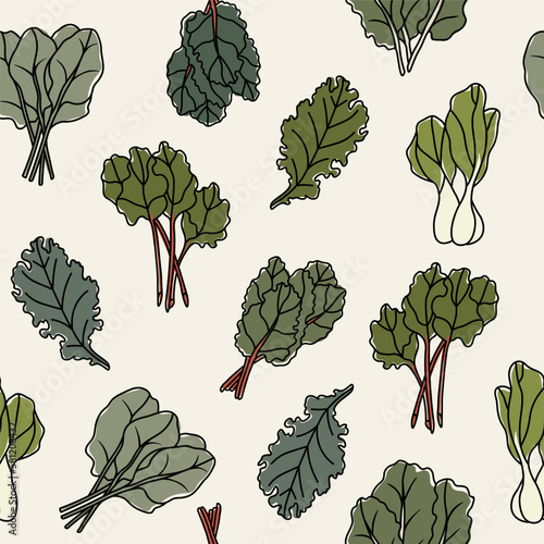 Line art leafy greens background. Spinach, kale, collard, Swiss chard, bok choy, rhubarb