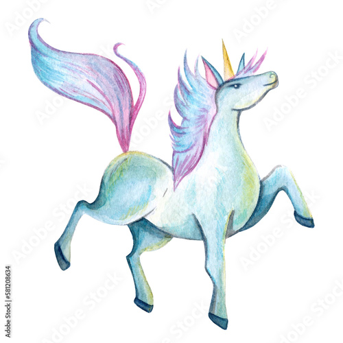 Beautiful unicorn in blue colors. Watercolor illustration isolated on white.