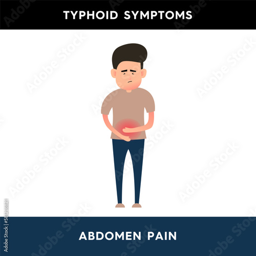 Vector illustration of a man holding his stomach. The person is experiencing pain in the abdomen. Infectious diseases. Symptoms of typhoid fever. Illustration for medical articles, posters.