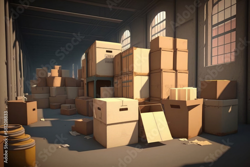 Background of cardboard boxes inside warehouse, logistic center. Warehouse filled with cardboard boxes