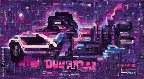 Cyberpunk neon city night. Purple violet Futuristic city scene in a style of pixel art. 80's wallpaper. Retro future Generative AI illustration. Urban scene. © Valeriy