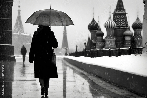 A woman holding an umbrella walking in the red square in Moscow beside the cathedral - generative ai