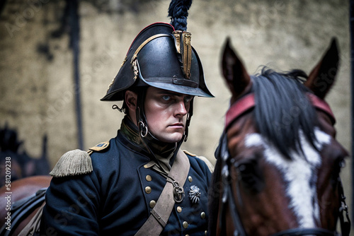 Photography of a napoleon's soldier on his horse - genrative ai
