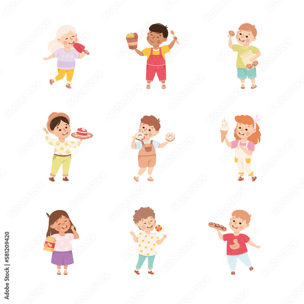 Little Kids Eating Sweets with Happy Face Enjoying Sugary Treat Vector Set Little Kids Eating Sweets with Happy Face Enjoying Sugary Treat Vector Set
