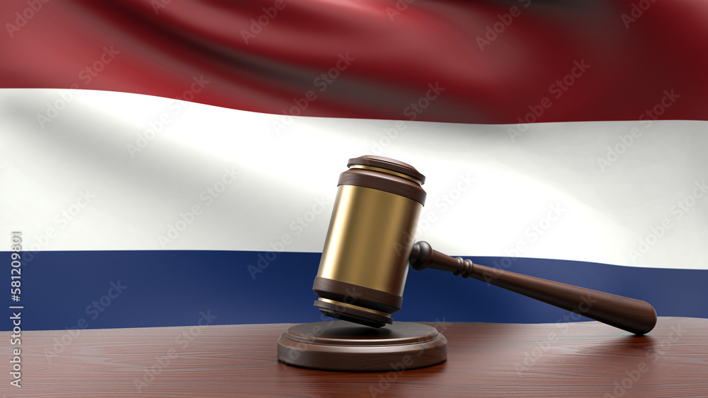 Netherlands country national flag with judge gavel hammer on court desk concept of constitutional law and justice based on wood desk table 3d rendering image