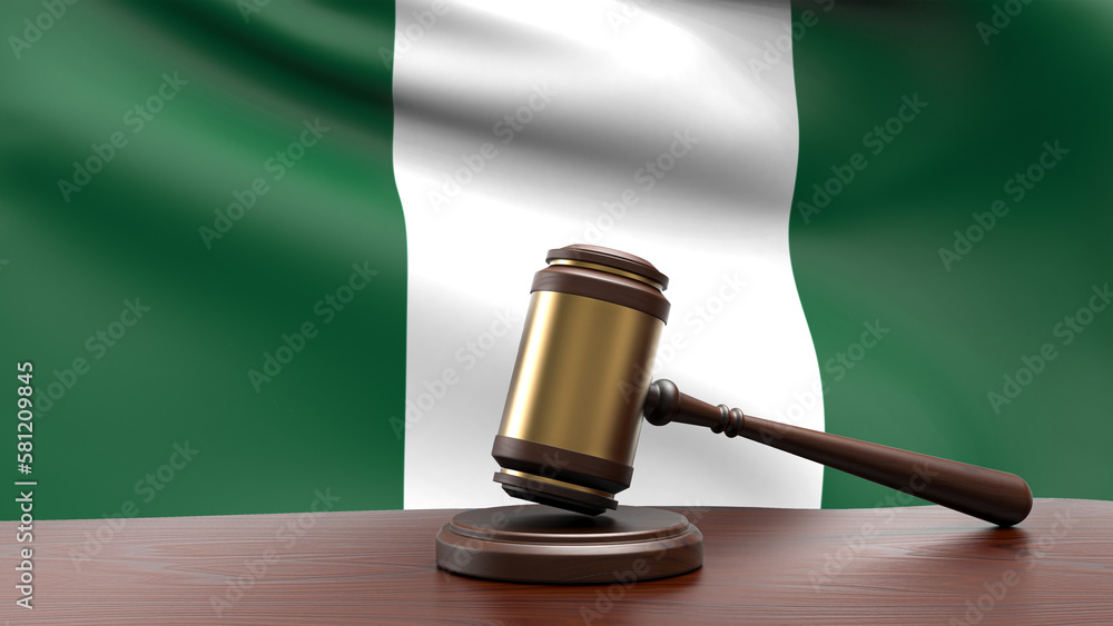 Nigeria country national flag with judge gavel hammer on court desk concept of constitutional law and justice based on wood desk table 3d rendering image