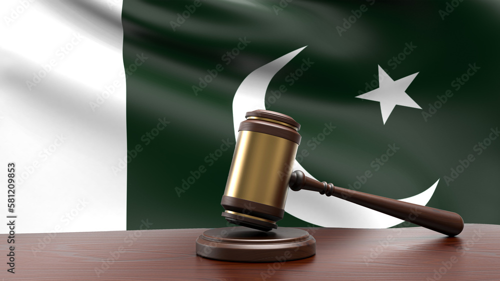 Pakistan country national flag with judge gavel hammer on court desk concept of constitutional law and justice based on wood desk table 3d rendering image