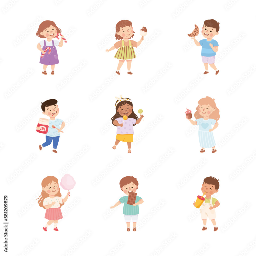 Little Kids Eating Sweets with Happy Face Enjoying Sugary Treat Vector Set Little Kids Eating Sweets with Happy Face Enjoying Sugary Treat Vector Set