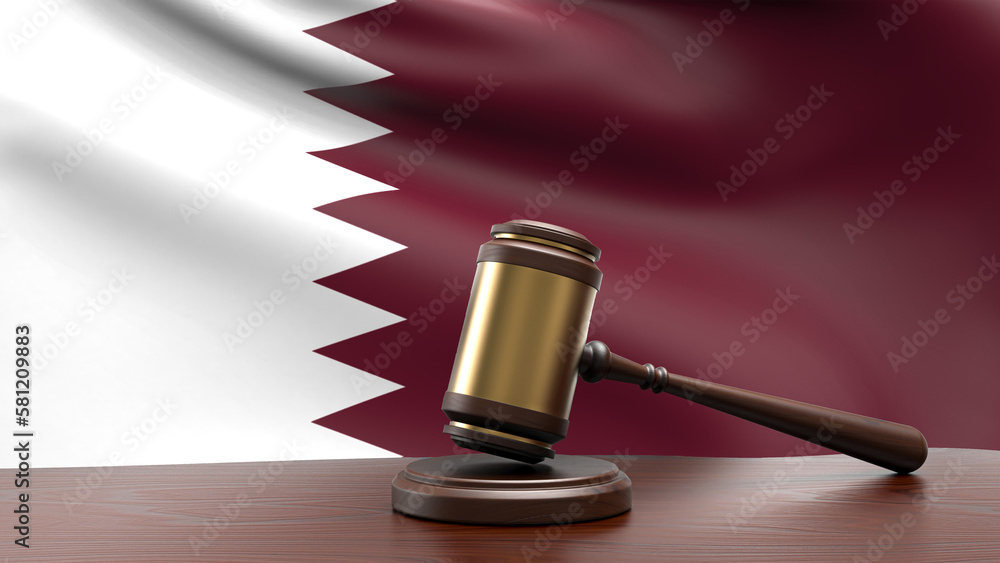 Quatar country national flag with judge gavel hammer on court desk concept of constitutional law and justice based on wood desk table 3d rendering image