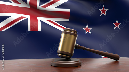 New Zealand country national flag with judge gavel hammer on court desk concept of constitutional law and justice based on wood desk table 3d rendering image