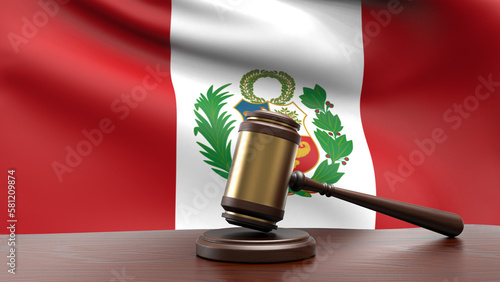 Peru country national flag with judge gavel hammer on court desk concept of constitutional law and justice based on wood desk table 3d rendering image