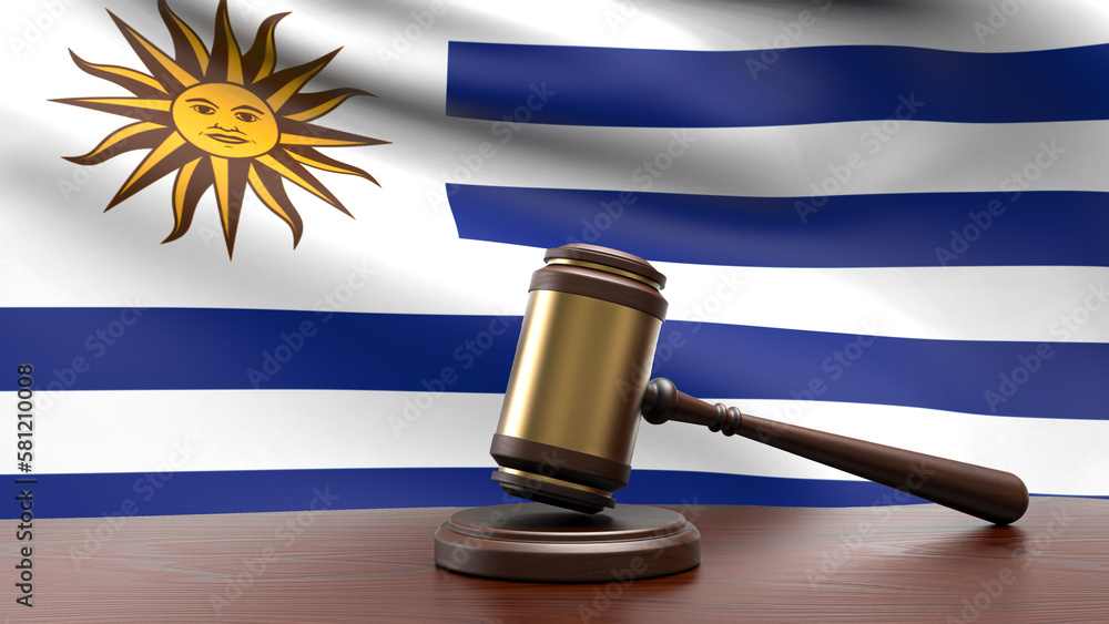 Uruguay country national flag with judge gavel hammer on court desk concept of constitutional law and justice based on wood desk table 3d rendering image