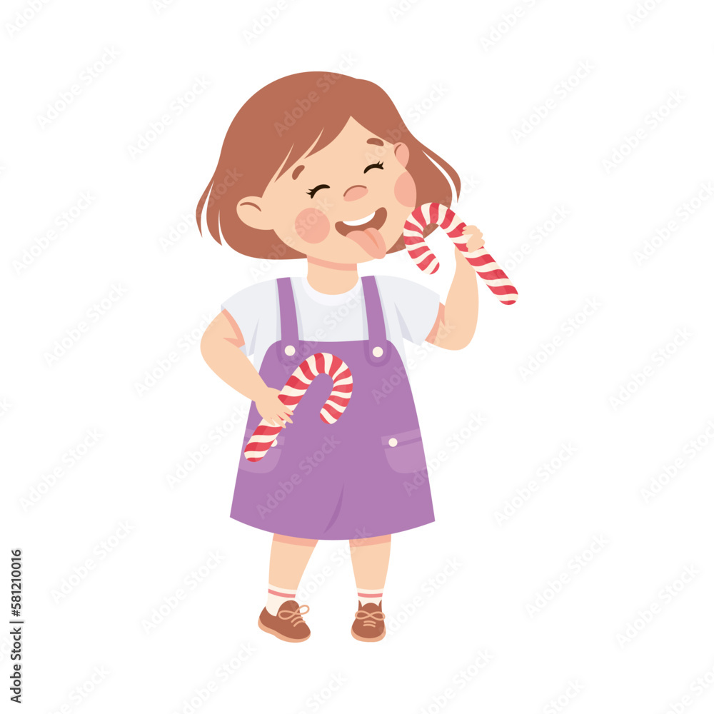 Little Girl Eating Sweet Candy Cane with Happy Face Enjoying Sugary Treat Vector Illustration Little Girl Eating Sweet Candy Cane with Happy Face Enjoying Sugary Treat Vector Illustration