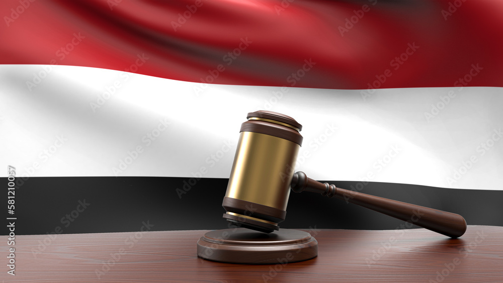Yemen country national flag with judge gavel hammer on court desk concept of constitutional law and justice based on wood desk table 3d rendering image