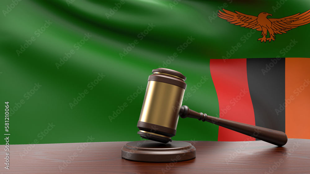 Zambia country national flag with judge gavel hammer on court desk concept of constitutional law and justice based on wood desk table 3d rendering image