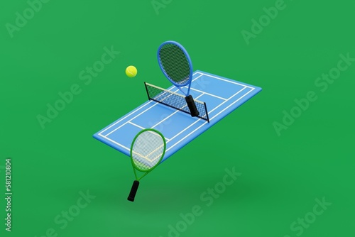 3d illustration of blue tennis court floating with tennis racket and tennis ball on green background