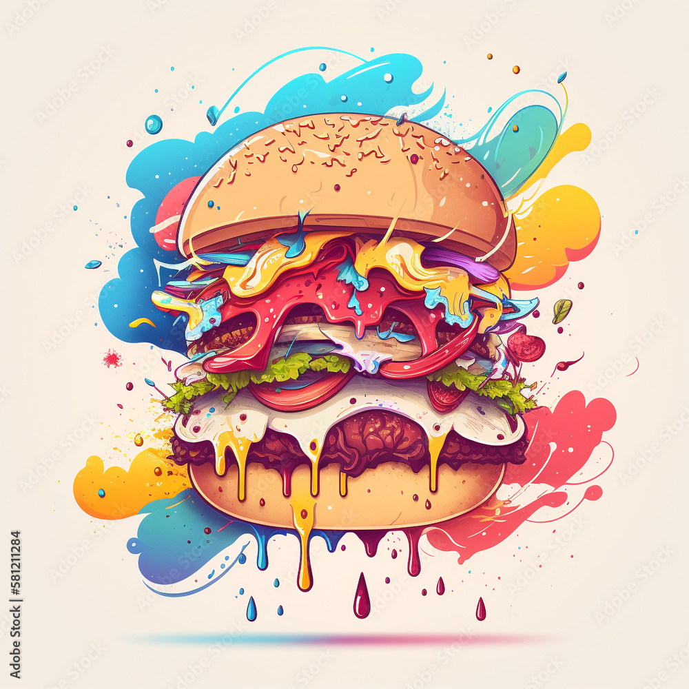 Cartoon burger color splas. AI generated illustration