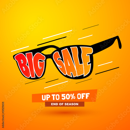 Creative eyeglasses discount banner with glasses with big sale text in the lenses on a yellow summer background. Cartoon style sunglasses promotion. 50 off Vector template.