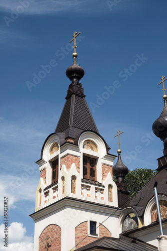 Cerkiew Opieki Matki Bożej w Sławatyczach. Przepiękna prawosławna świątynia w polskim mieście w pobliżu wschodniej granicy . 