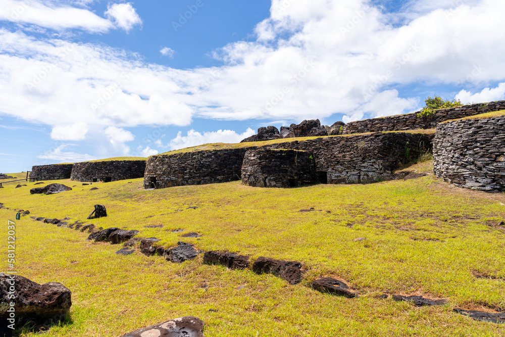 Restored stone houses at Orongo on Easter Island (Rapa Nui), Chile. Orongo is the ceremonial village used by the Rapa Nui people during the birdman era.
