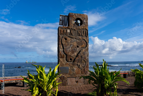 Sign of Rapa Nui (Easter Island) in the town Hanga Roa. Easter Island, a Chilean territory, is a remote volcanic island in Polynesia. Its native name is Rapa Nui. photo