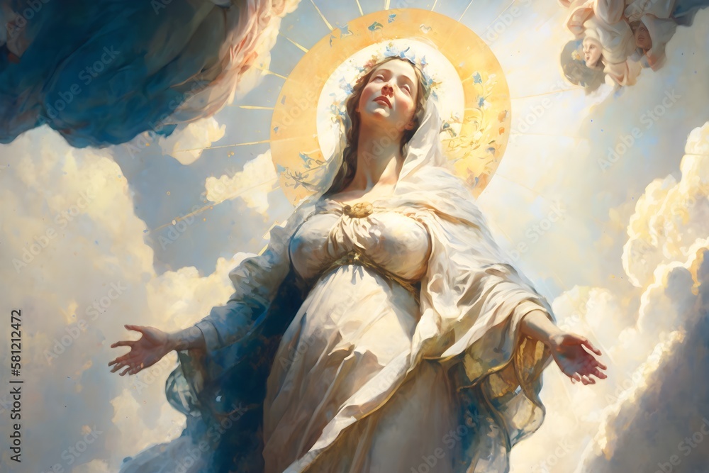 Wallpaper Illustration and background of Mary Mother of Jesus Christ. Front View. Concept of religion, religious. Generative AI