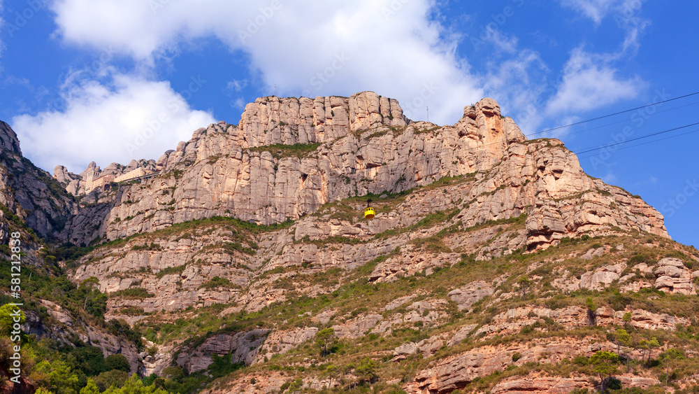 Mountain landscape of the Montserrat massif, Catalonia, Spain. Santa Maria de Montserrat Abbey