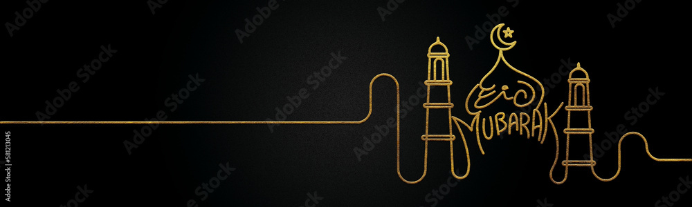 Eid mubarak one line art, Arabic lantern ornament, Ramadan Kareem Golden calligraphy design banner