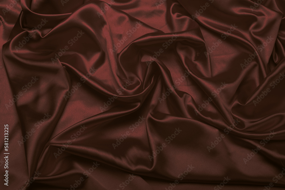 Fototapeta premium Brown nacre wave fabric silk. Abstract texture horizontal copy space background.